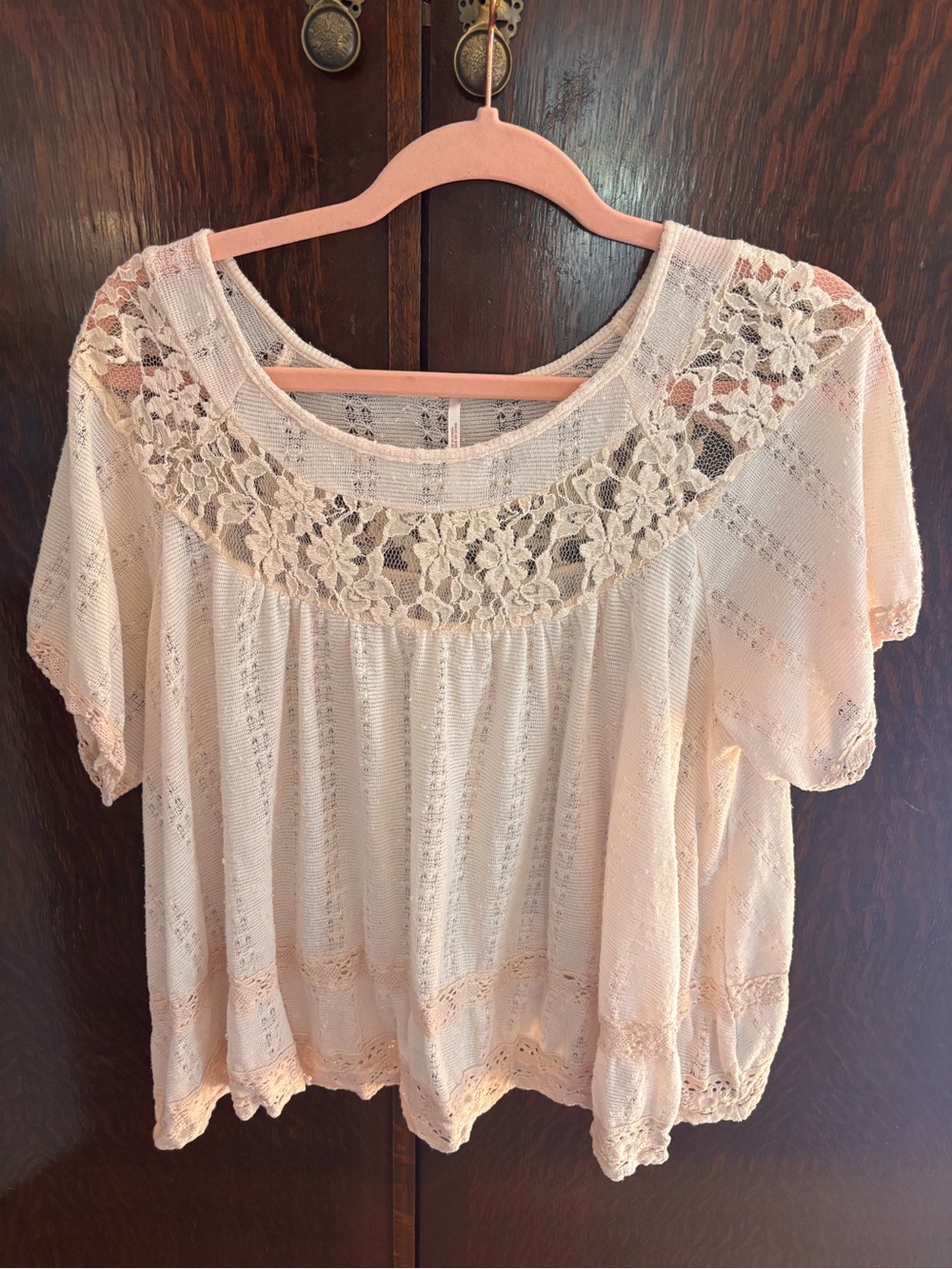 Free People Blush Lace Yoke Peasant Top